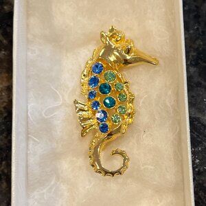 Lia Sophia Rhinestone covered seahorse gold tone brooch blue green stones EUC